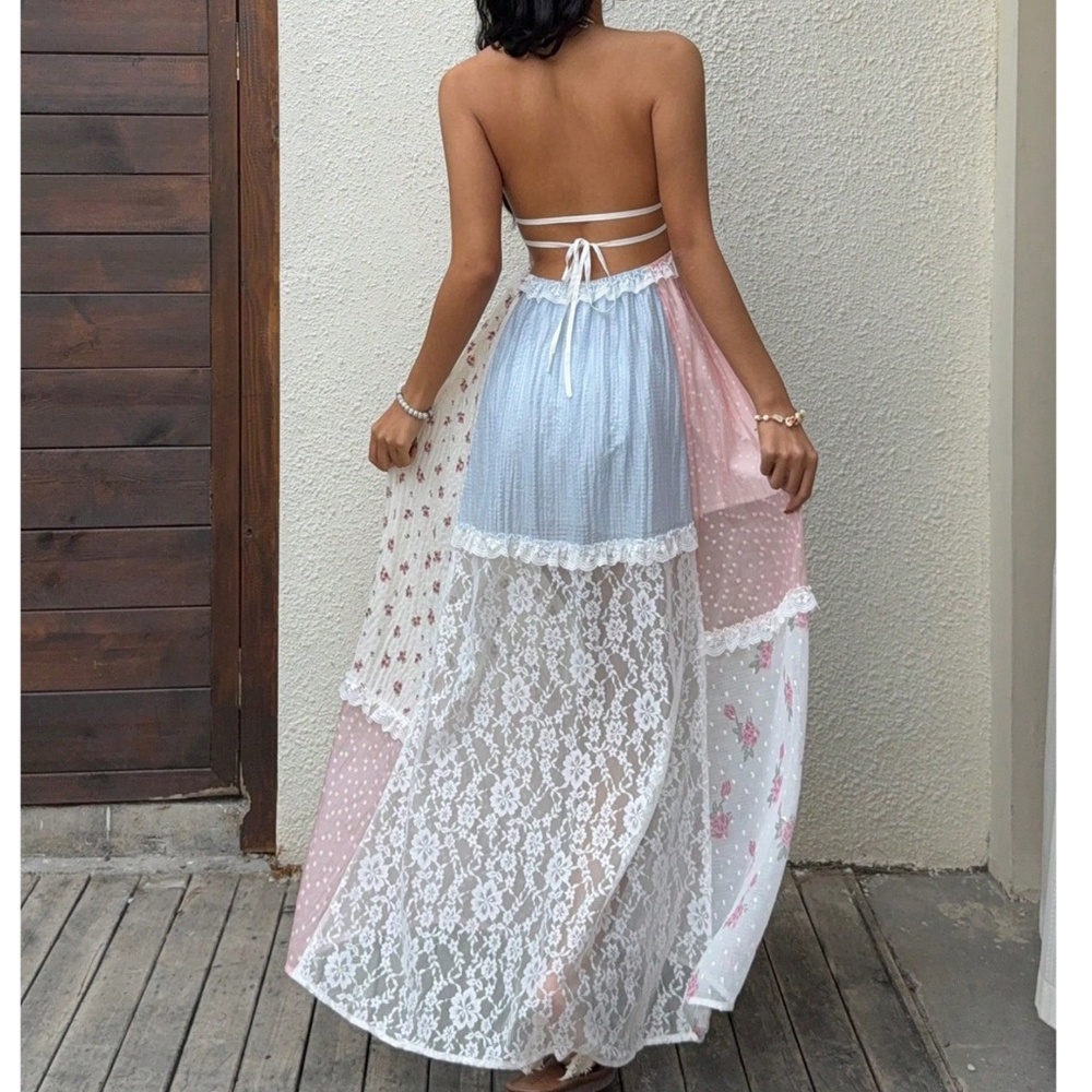 Pastel Patchwork Lace Maxi Dress in Pink & Blue - Picture 3 of 5